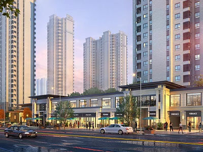 Bustling Commercial Street with High Rise Buildings Shops Pedestrians Cars and Evening Streetlights 3d model