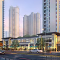 Bustling Commercial Street with High Rise Buildings Shops Pedestrians Cars and Evening Streetlights