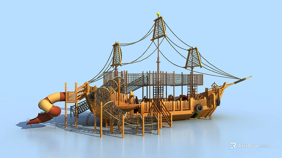 Wooden Pirate Ship Playground Equipment With Slide Ropes And Climbing Structure 3d model 
