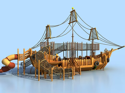 Wooden Pirate Ship Playground Equipment With Slide Ropes And Climbing Structure 3d model