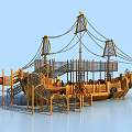 Wooden Pirate Ship Playground Equipment With Slide Ropes And Climbing Structure