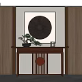 Elegant Wooden Console Table With Bonsai Plant Circular Wall Art Drawer And Geometric Patterned Walls