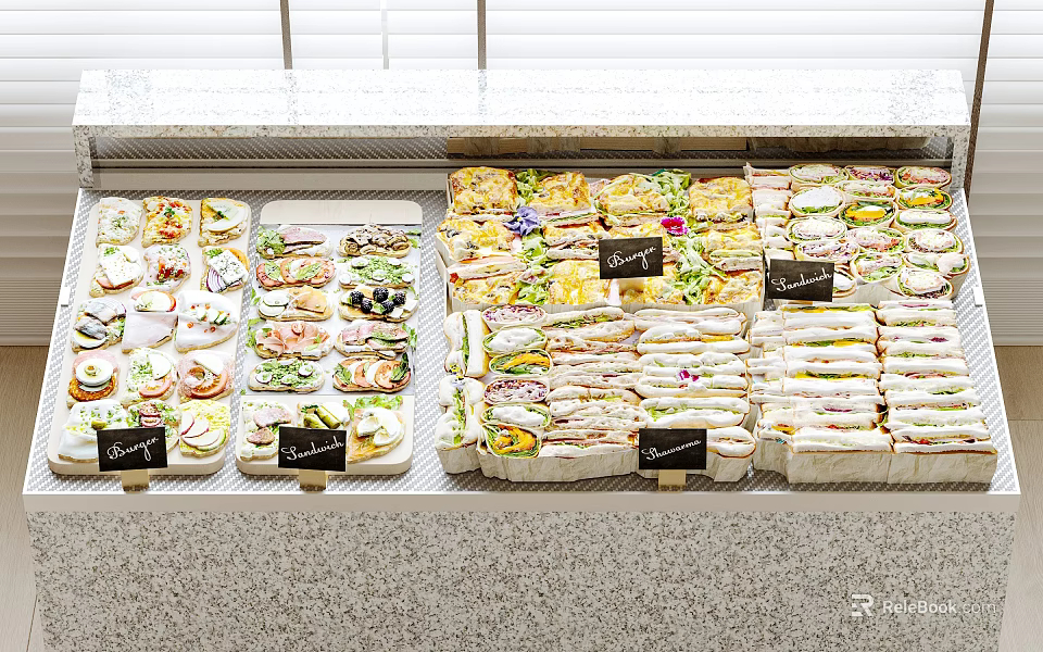Assorted Foods In Display Case With Sandwiches Salads Snacks And Transparent Trays 3d model 