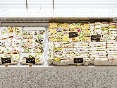 Assorted Foods In Display Case With Sandwiches Salads Snacks And Transparent Trays 3d model