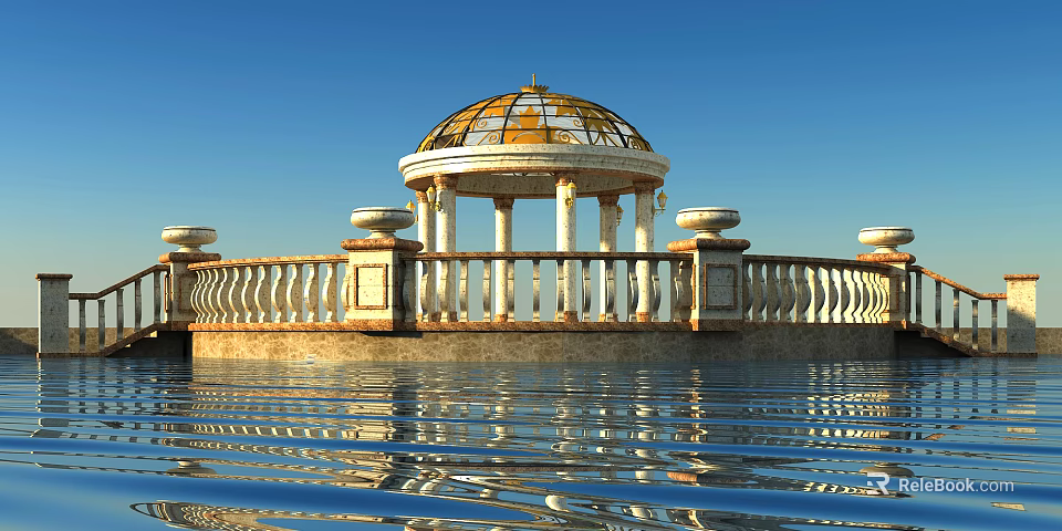 Garden Pavilion with Golden Dome and Stained Glass by Waterfront with Reflection in Blue Sky 3d model 