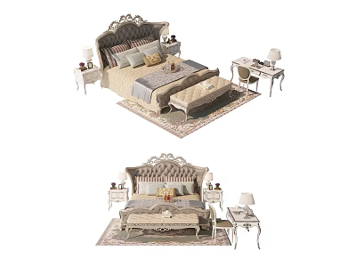 Elegant Double Bed With Carved Headboard Nightstands Table Lamps And Area Rug 3d model