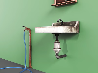 Wall Mounted Sink on Green Wall with Rusty Pipes and Blue Hose 3d model