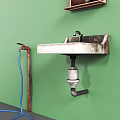 Wall Mounted Sink on Green Wall with Rusty Pipes and Blue Hose