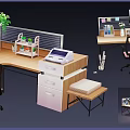 Modern Office Desk Workstation With Office Chair Plant And Drawer Cabinet