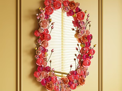Decorative Oval Mirror Adorned with Red Pink Orange Flowers on Yellow Wall and Blinds 3d model
