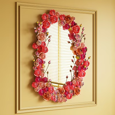 Decorative Oval Mirror Adorned with Red Pink Orange Flowers on Yellow Wall and Blinds 3d model