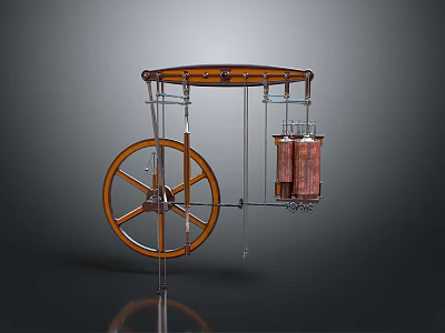 Vintage Mechanical Device With Large Wooden Wheel And Suspended Copper Containers On Metal Support Frame 3d model