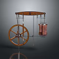 Vintage Mechanical Device With Large Wooden Wheel And Suspended Copper Containers On Metal Support Frame