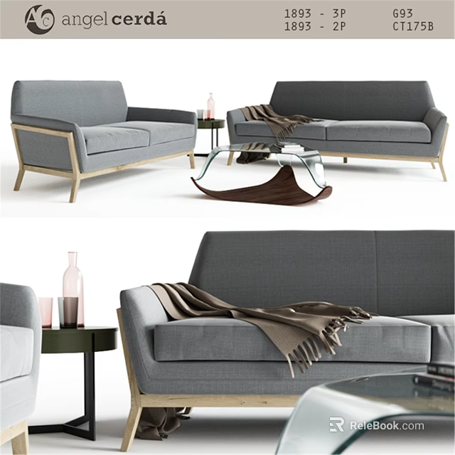 Modern Grey Double Sofa Interior with Wooden Legs Throw Blanket and Glass Coffee Table 3d model 