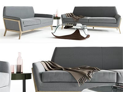 Modern Grey Double Sofa Interior with Wooden Legs Throw Blanket and Glass Coffee Table 3d model