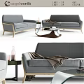 Modern Grey Double Sofa Interior with Wooden Legs Throw Blanket and Glass Coffee Table