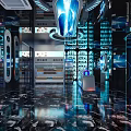 Modern Tech Style KTV Lobby With Blue Lighting Circular Screens Marble Floor Sofa Bar Counter