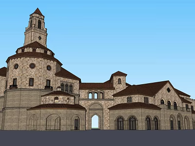 Classical European Architecture With Tower Arched Windows Stone Walls And Red Brown Roof 3d model