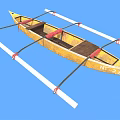 Yellow Wooden Boat With Red Straps And White Outriggers Against Blue Background Featuring N25 Marking