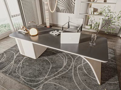 Modern Office Desk With Laptop Books Table Lamp And Chair On Rug By Window 3d model