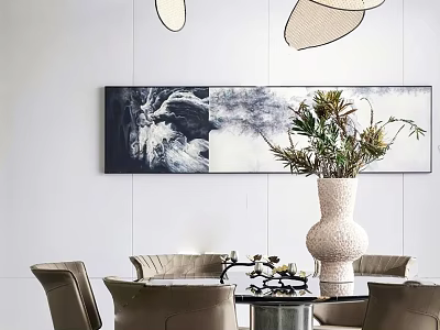 Modern Restaurant Interior With Long Black White Painting Green Plants In Vase And Hanging Lights 3d model