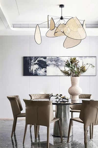 Modern Restaurant Interior With Long Black White Painting Green Plants In Vase And Hanging Lights 3d model