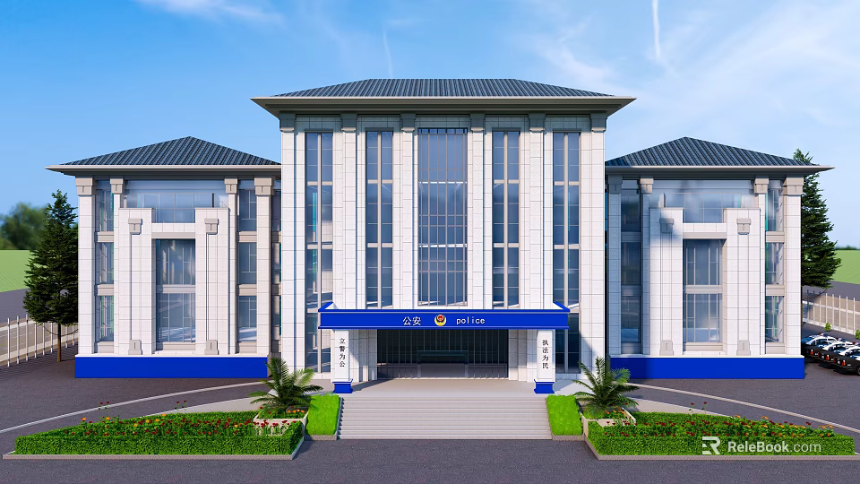 Modern Office Building With White Facade Blue Awning And Symmetrical Design 3d model 
