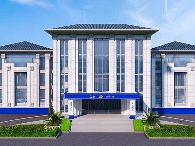 Modern Office Building With White Facade Blue Awning And Symmetrical Design 3d model