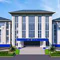 Modern Office Building With White Facade Blue Awning And Symmetrical Design
