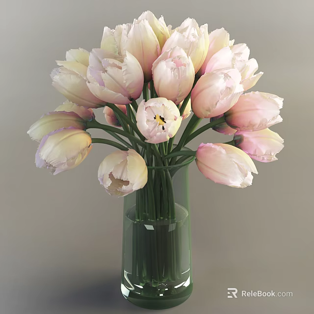 Fresh Elegant Pink And White Tulips Arranged In Transparent Glass Vase For Home Decor 3d model 