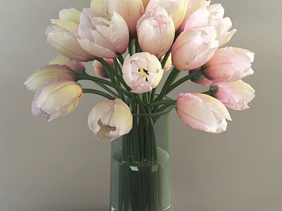 Fresh Elegant Pink And White Tulips Arranged In Transparent Glass Vase For Home Decor 3d model