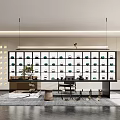 Elegant Tea Room Interior With Shelves Of Tea Sets And Decorative Plant Table Chair