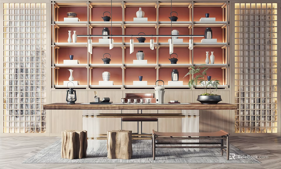 Tea Table and Chairs in Traditional Tea Room with Wooden Shelves and Tea Sets 3d model 