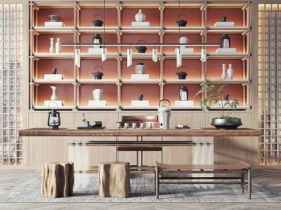 Tea Table and Chairs in Traditional Tea Room with Wooden Shelves and Tea Sets 3d model