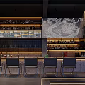 Modern Café Interior With Bar Counter High Chairs And Dragon Pattern Wall Art