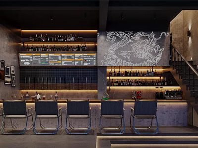 Modern Café Interior With Bar Counter High Chairs And Dragon Pattern Wall Art 3d model