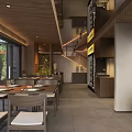 New Chinese Style Restaurant With Wooden Decoration Dining Tables Chairs Open Windows And Green Plants