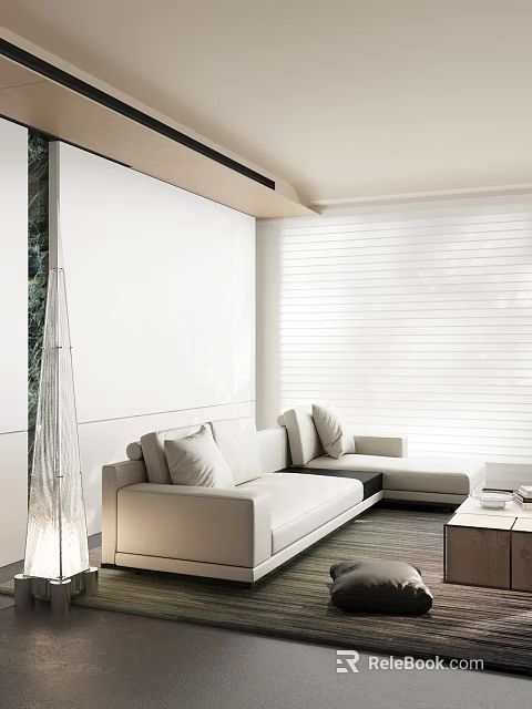 Decorative White Inflatable In Modern Minimalist Living Room With White Sofa Wooden Coffee Table Blinds 3d model 