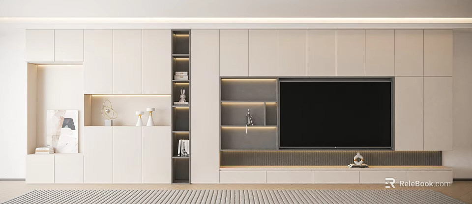 Modern White and Gray TV Wall Unit with Built in LED Lighting Open Shelves and Storage 3d model 