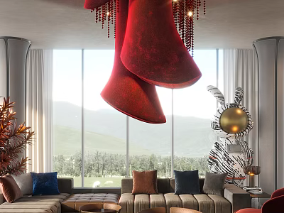 Modern Living Room Interior With Red Chandelier Large Windows Mountain View And Green Landscape 3d model