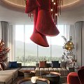 Modern Living Room Interior With Red Chandelier Large Windows Mountain View And Green Landscape