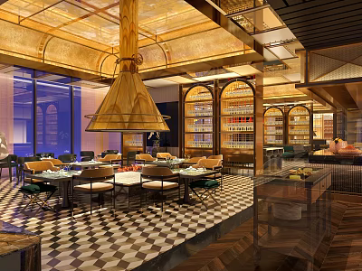 Elegant Restaurant Interior With Wooden Chandelier Dining Tables And Checkerboard Floor 3d model