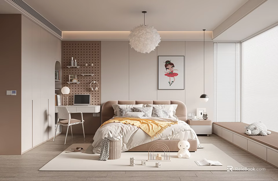 Cozy Modern Kids Bedroom With Bed Study Desk And Decorations 3d model 