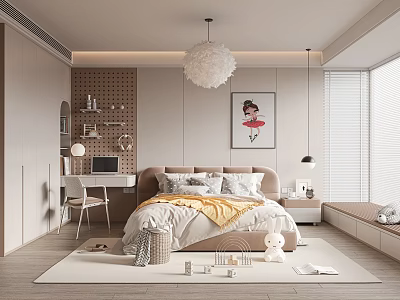 Cozy Modern Kids Bedroom With Bed Study Desk And Decorations 3d model