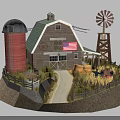 Traditional Farm Barn With Red Silo Windmill And Hay Bales Tractor