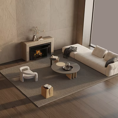 Modern Living Room Sofa and Round Coffee Table Set With Fireplace Accent Chair and Rug 3d model