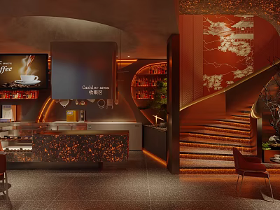 Stylish Restaurant Interior Design With Red Decorative Wall Wooden Staircase And Bar Counter Warm Lighting 3d model