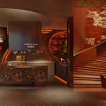 Stylish Restaurant Interior Design With Red Decorative Wall Wooden Staircase And Bar Counter Warm Lighting