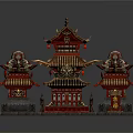 Cartoon Scene Of Chinese Traditional Architecture With Red Gold Roofs Curved Eaves And Multiple Pavilions