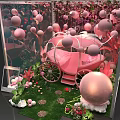 Decorative Pink Carriage In Glass Greenhouse With Balloons And Green Plants